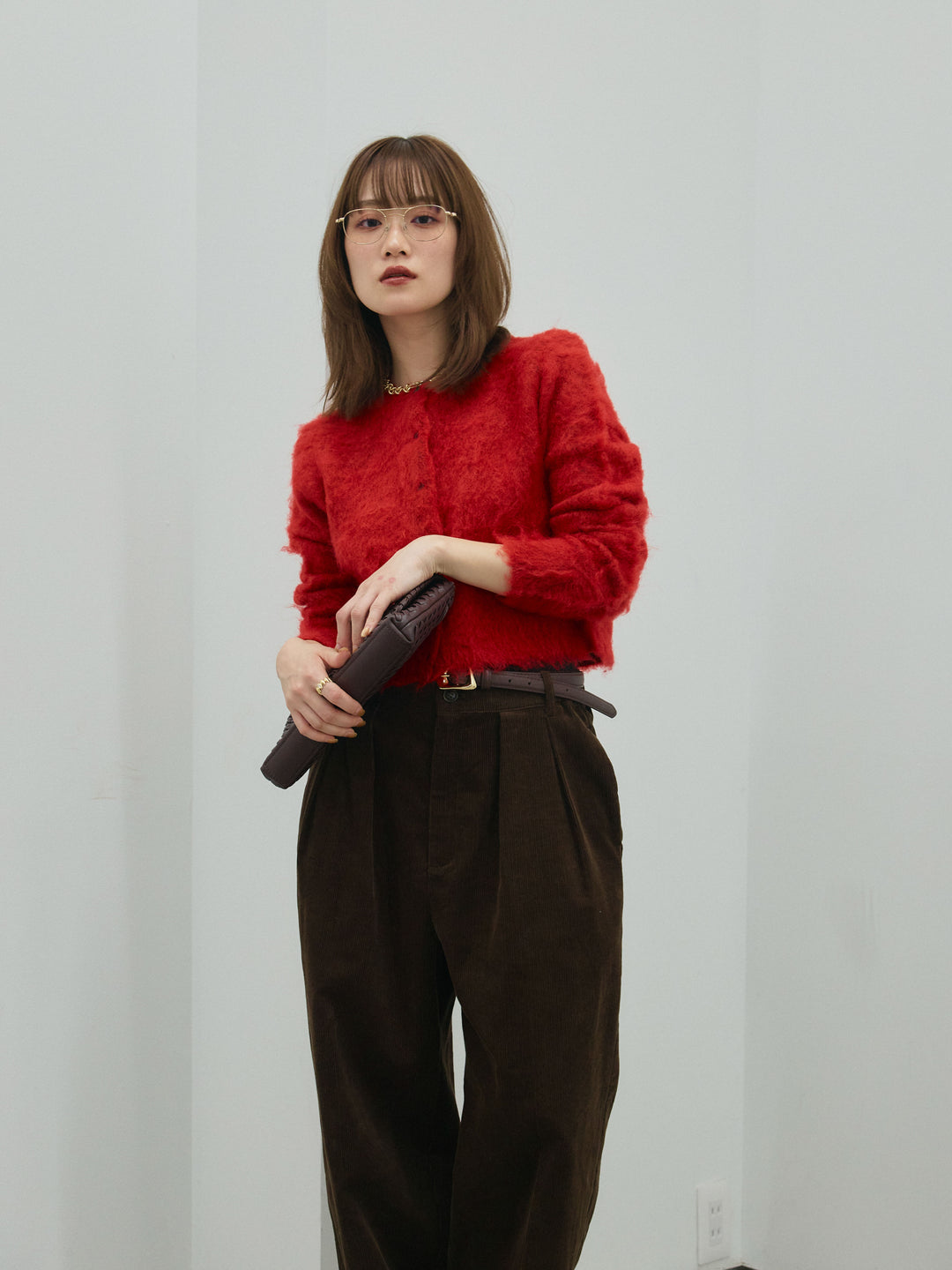 【Allure】[SET]モヘアタッチクロップドニットプルオーバー+コーデュロイタックワイドパンツ(2set)