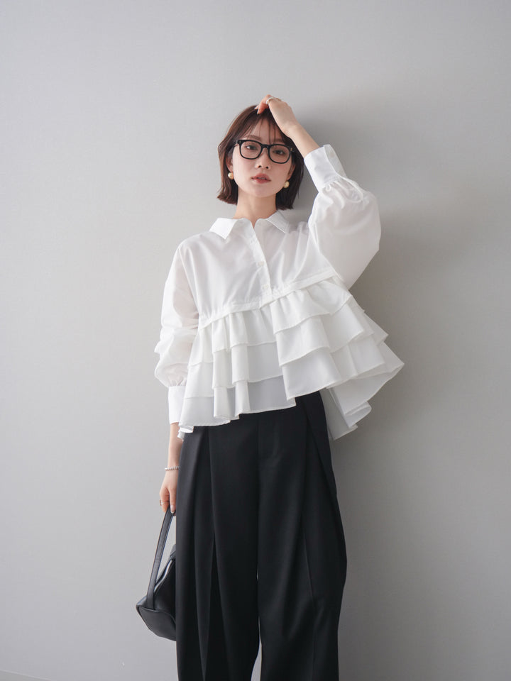 [SET]ブロードティアードショートシャツ+TRツイルデザインタックワイドパンツ(2set)