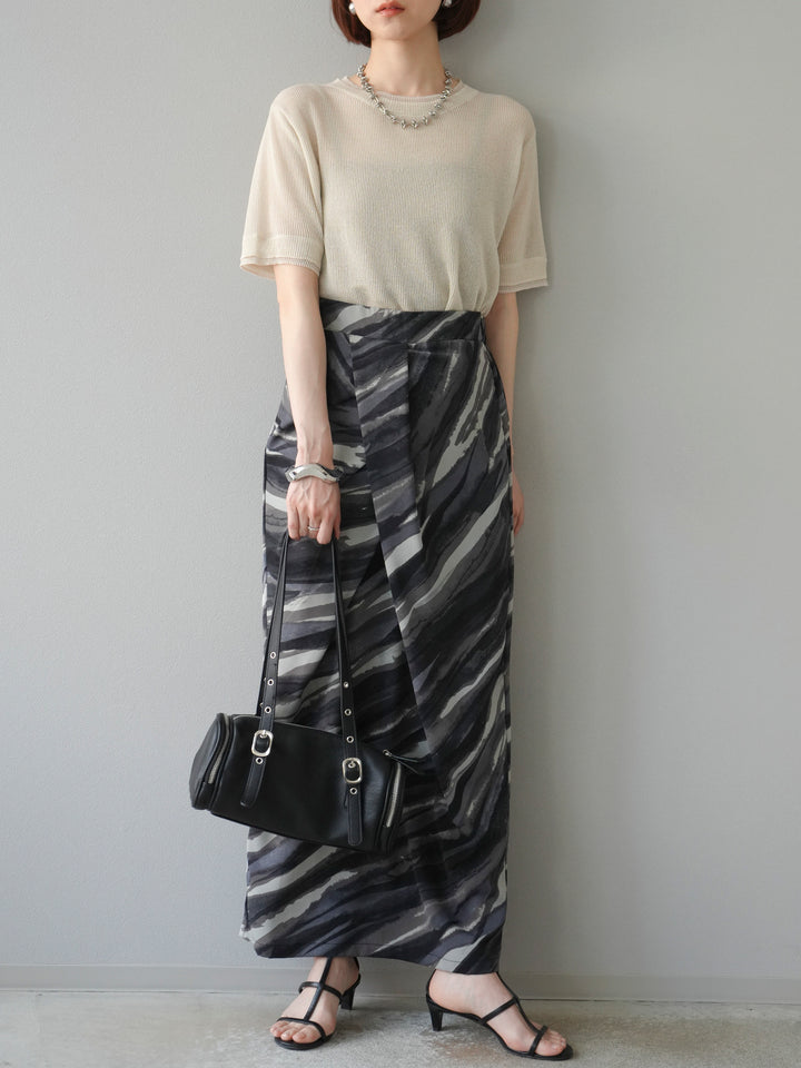 [SET]リネンタッチ配色二重臼ハーフニットトップス+選べるアソート柄スカートセット(2set)