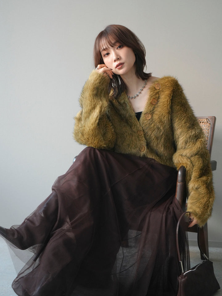 [予約]ミックスシャギーショートニットカーディガン/green