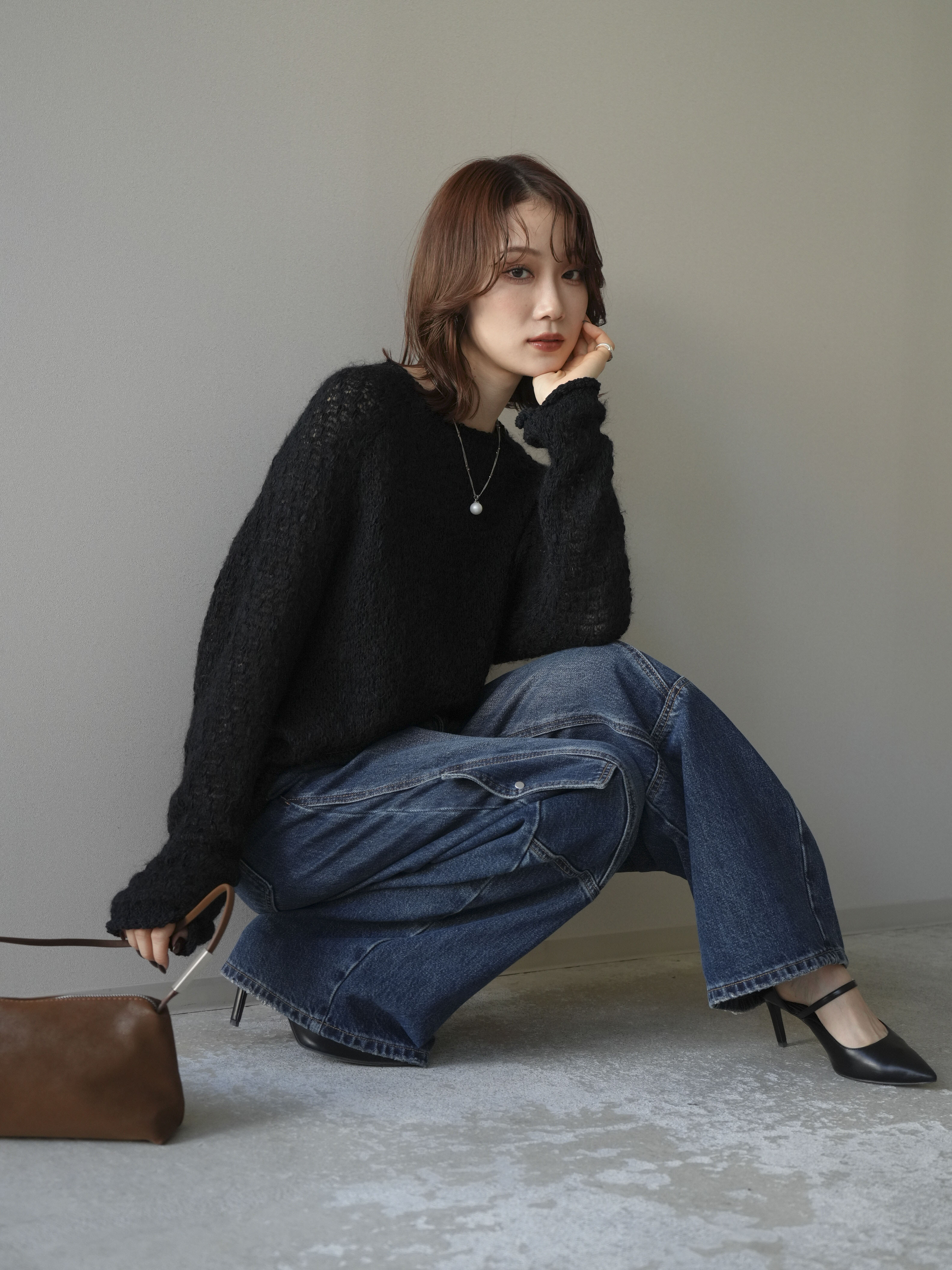 予約]透かし編みモヘアタッチポコポコニットプルオーバー/black – Lumier