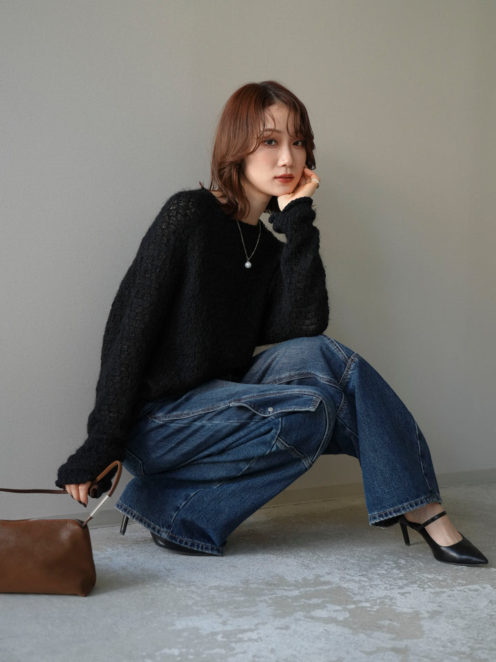 [予約]透かし編みモヘアタッチポコポコニットプルオーバー/black