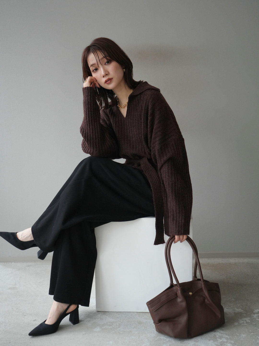 [予約]ワイドリブポロニットプルオーバー/brown