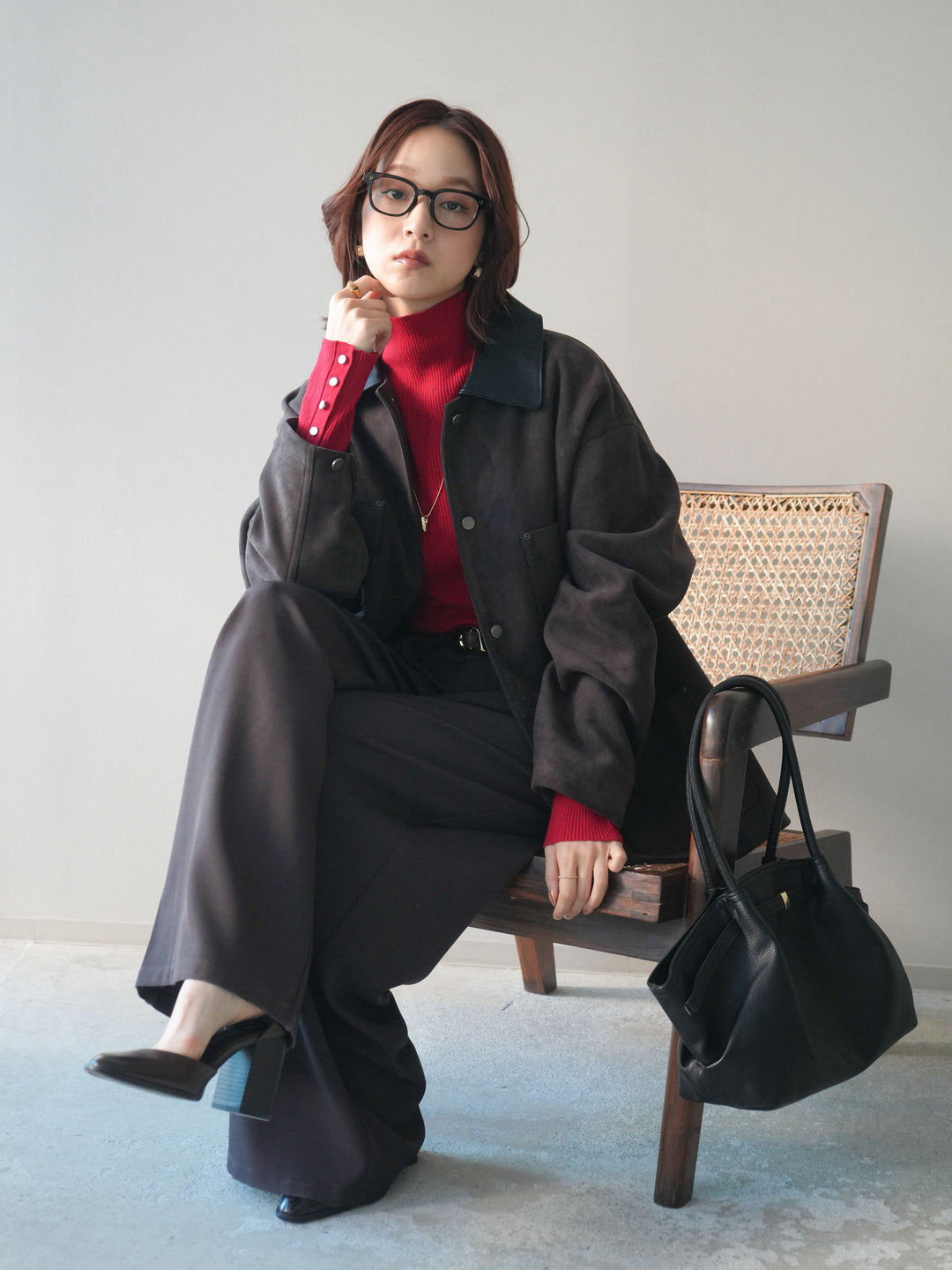 [SET]襟レザーステンカラースエードジャケット+袖ボタンボトルネックリブニットトップス+ベルトループデザインワイドパンツ(3set)