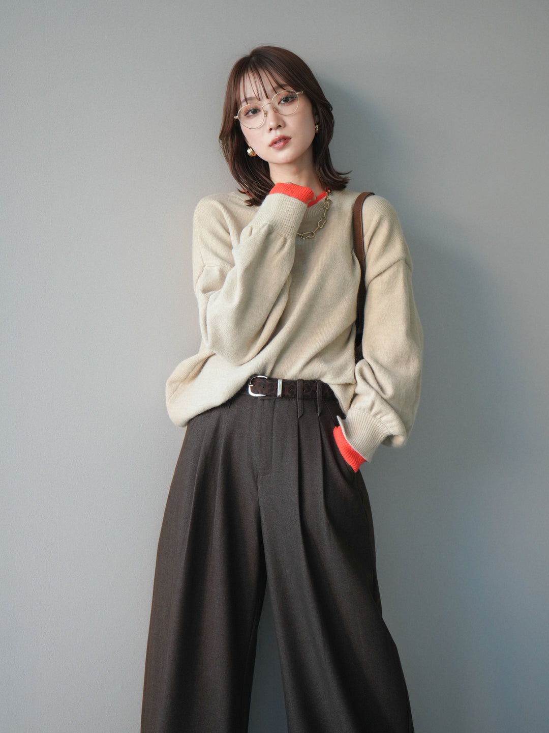 [予約]ヘンリーネック配色レイヤードニットプルオーバー/beige