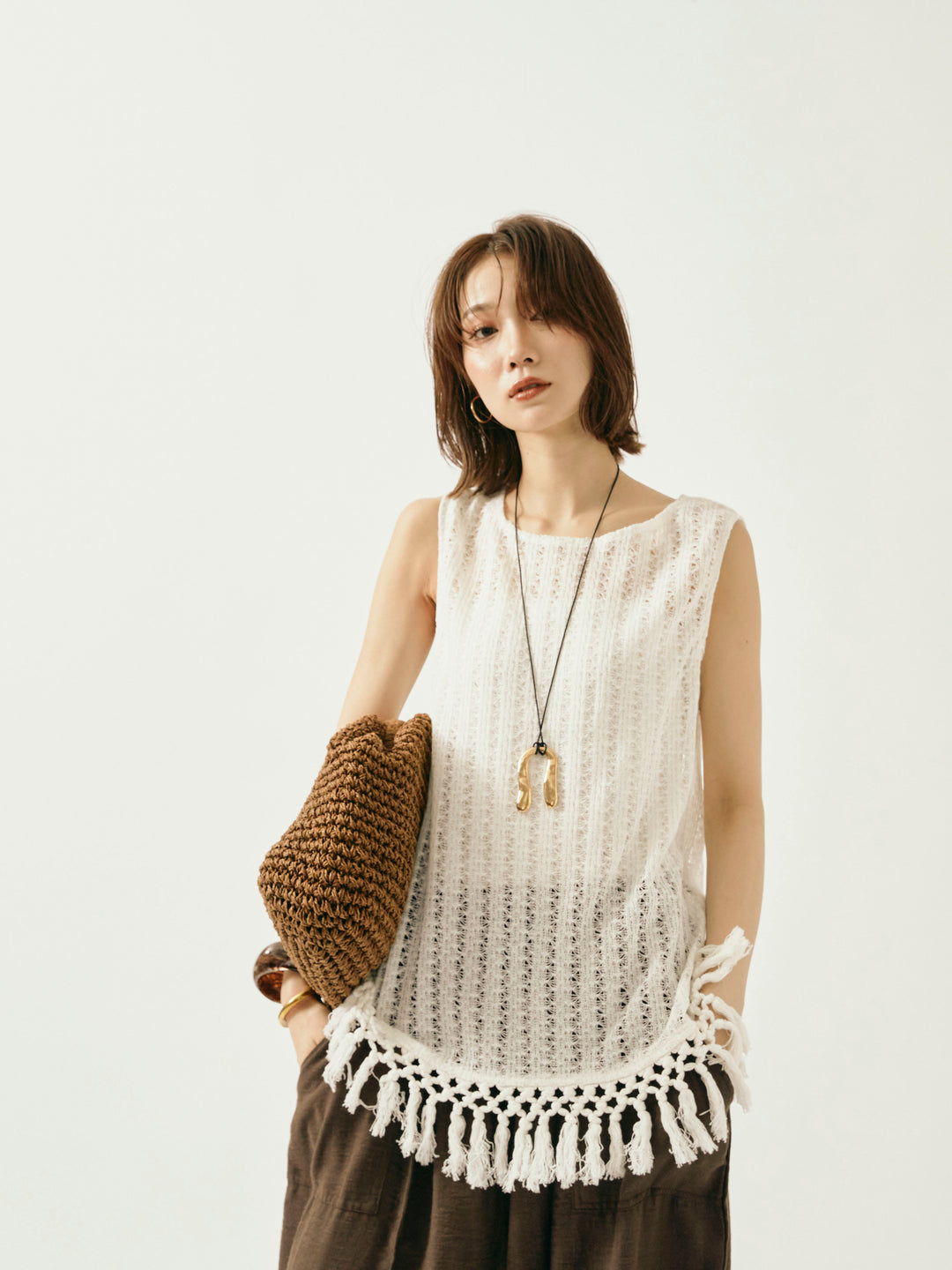 [予約]フリンジ透かし編みニットベスト/ホワイト