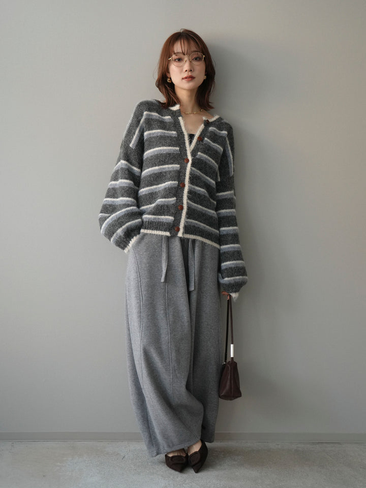 [SET]ウールタッチ配色ボーダーニットカーディガン+ウエストベルトカーブラインスエットパンツ(2set)