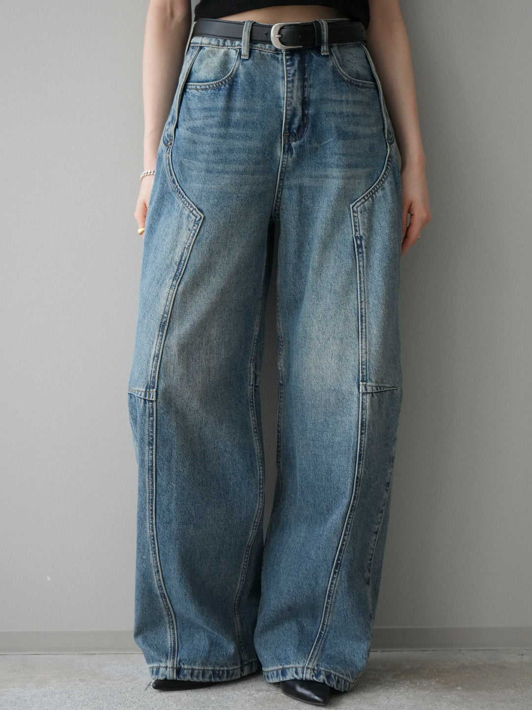 [予約]ベルト付3Dカーブデニムパンツ/blue