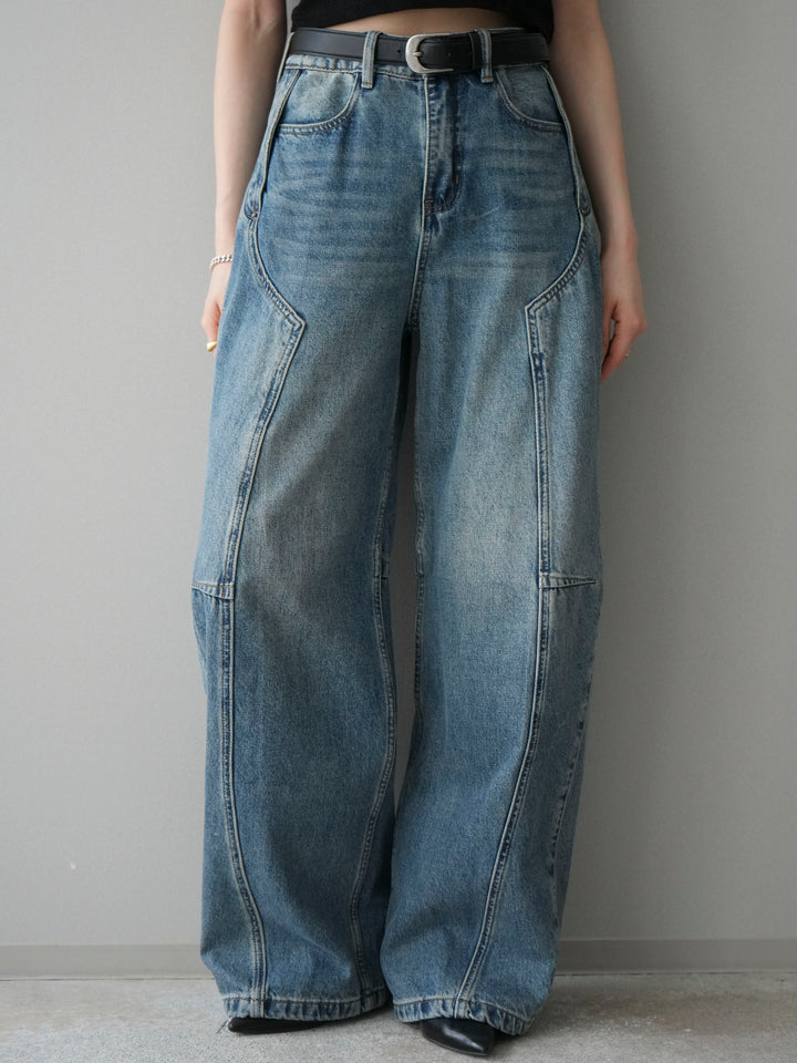 [予約]ベルト付3Dカーブデニムパンツ/blue