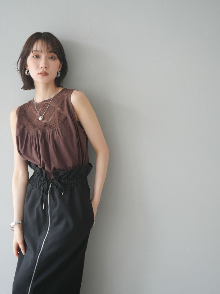 [予約]インド製コットンレース切替ノースリブラウス/ブラウン