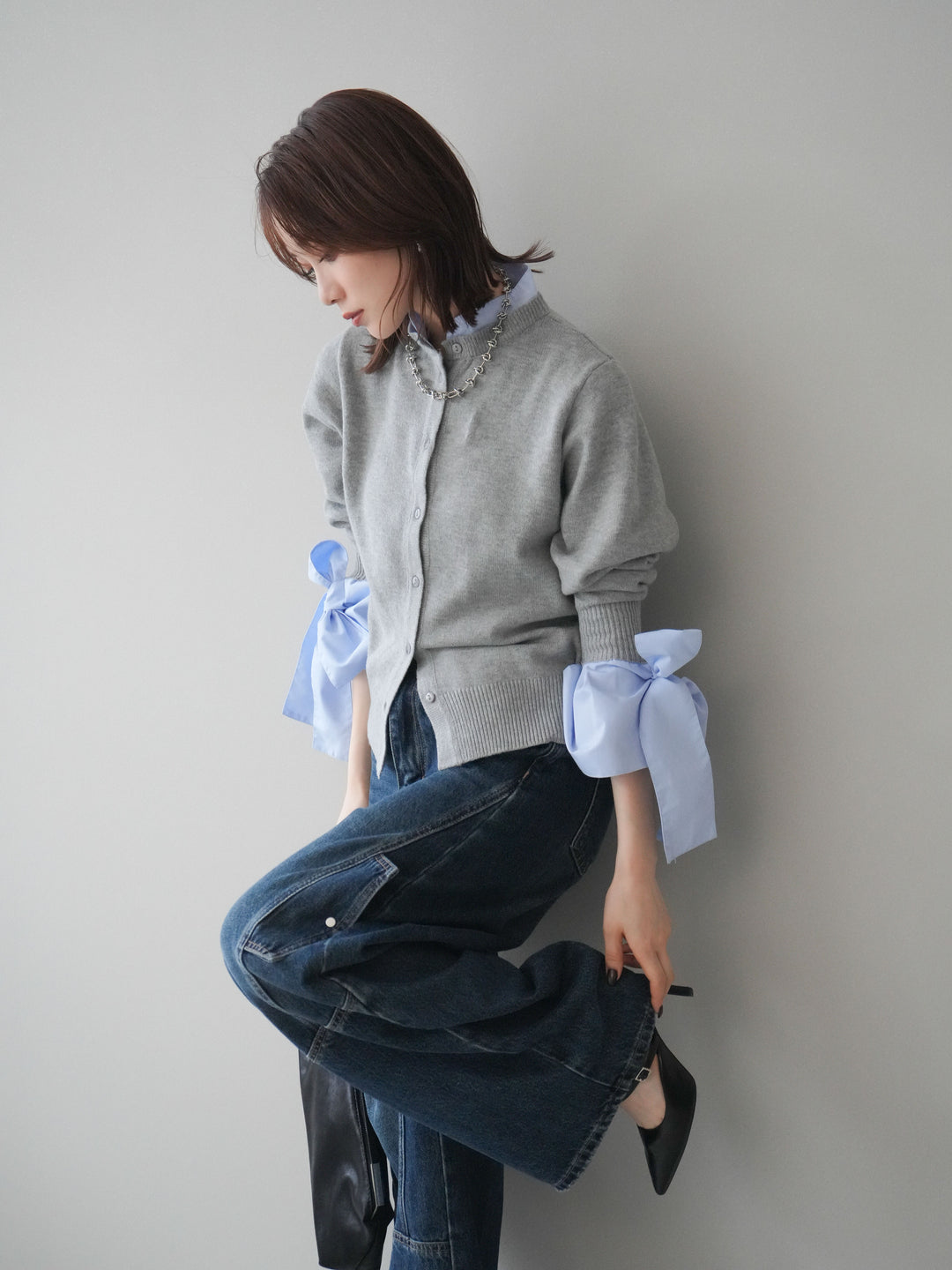[予約]ウールライクリボンシャツカーディガン/gray