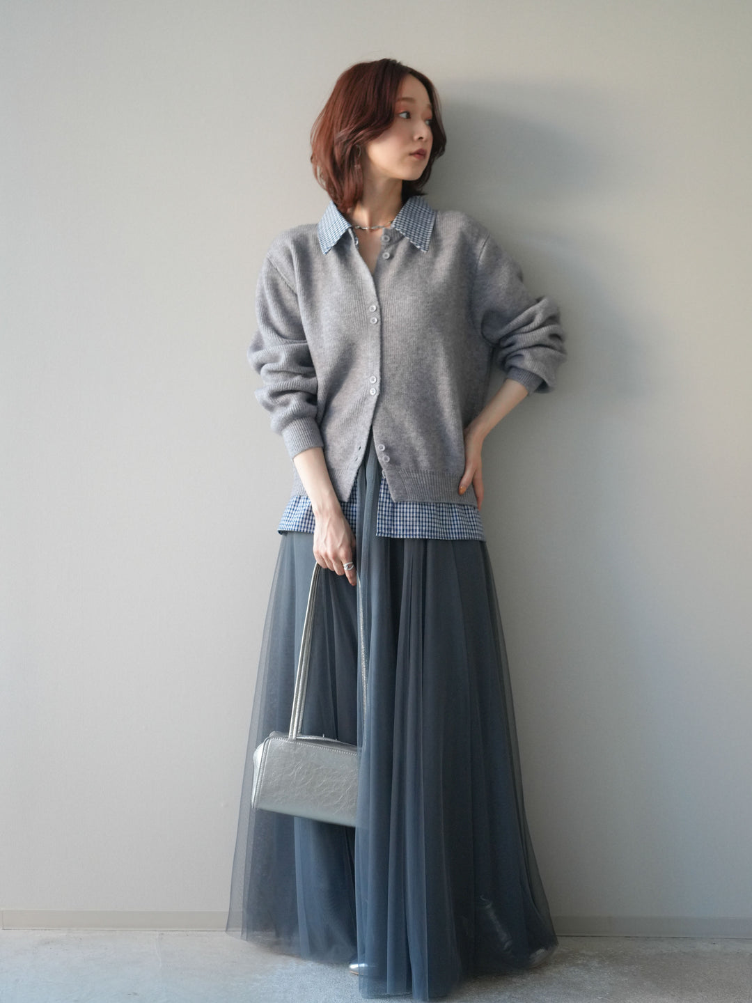 [SET]チェックシャツ襟ニットカーディガン+チュールボリュームスカート(2set)