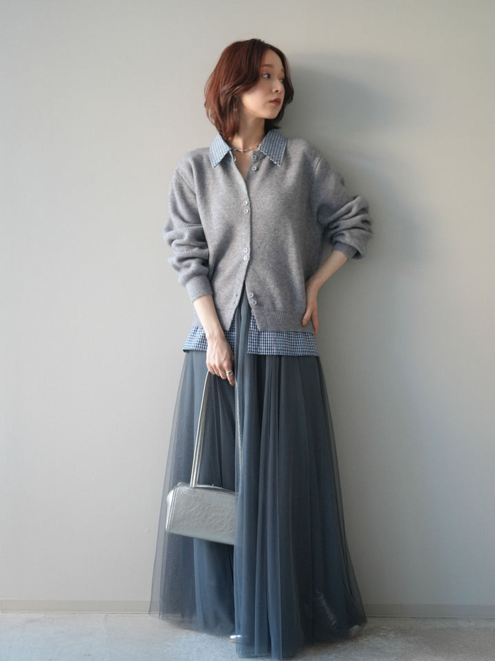 [SET]チェックシャツ襟ニットカーディガン+チュールボリュームスカート(2set)