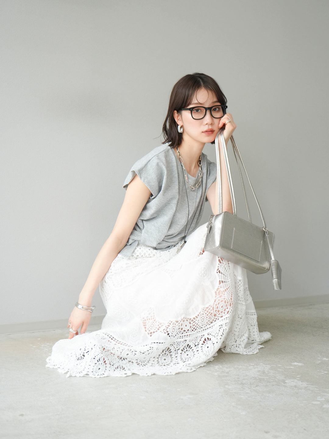 [予約]カシュクールTシャツ＆コームネックレスSET /グレー