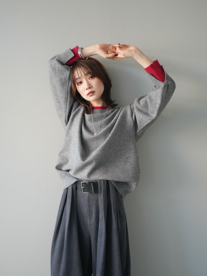 [SET]ヘンリーネック配色レイヤードニットプルオーバー+ベルトデザインループコールテンワイドパンツ(ベルト付き)(2set)