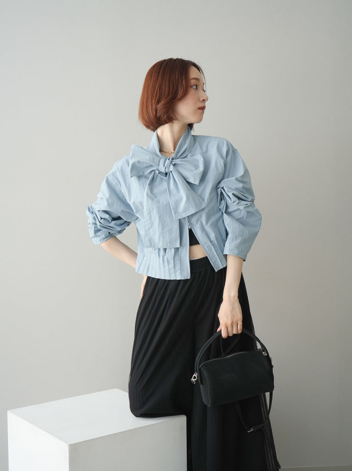 [SET]ボウタイ裾プリーツライトジャケット+ストライプチュールボリュームバギーパンツ(2set)