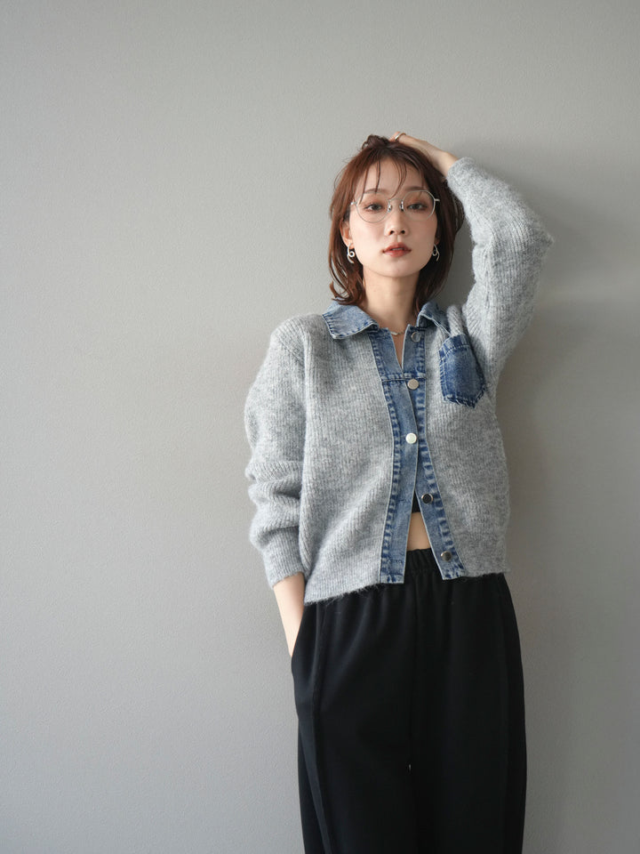 [予約]デニム襟ポケットニットカーディガン/gray
