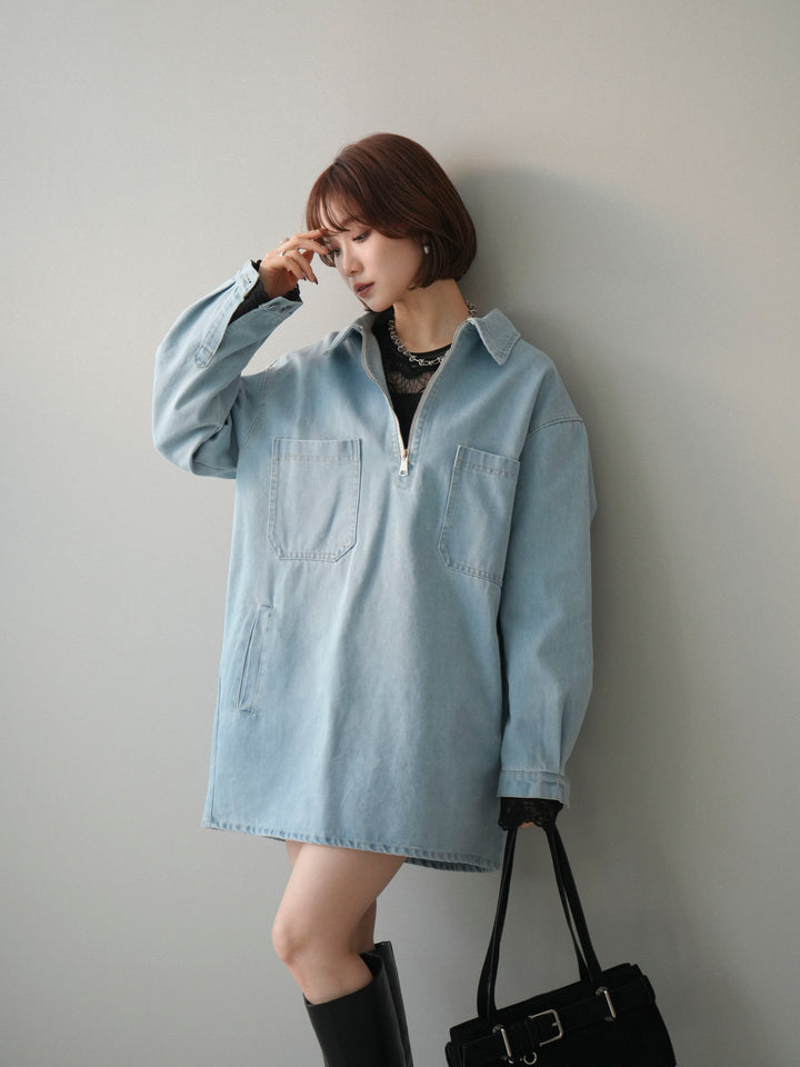 [予約]ハーフジップデニムミニワンピース/blue