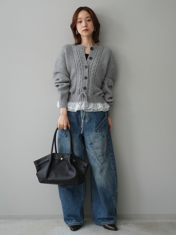 [SET]裾レースケーブルニットカーディガン+ペインターカーブデニムパンツ(2set)