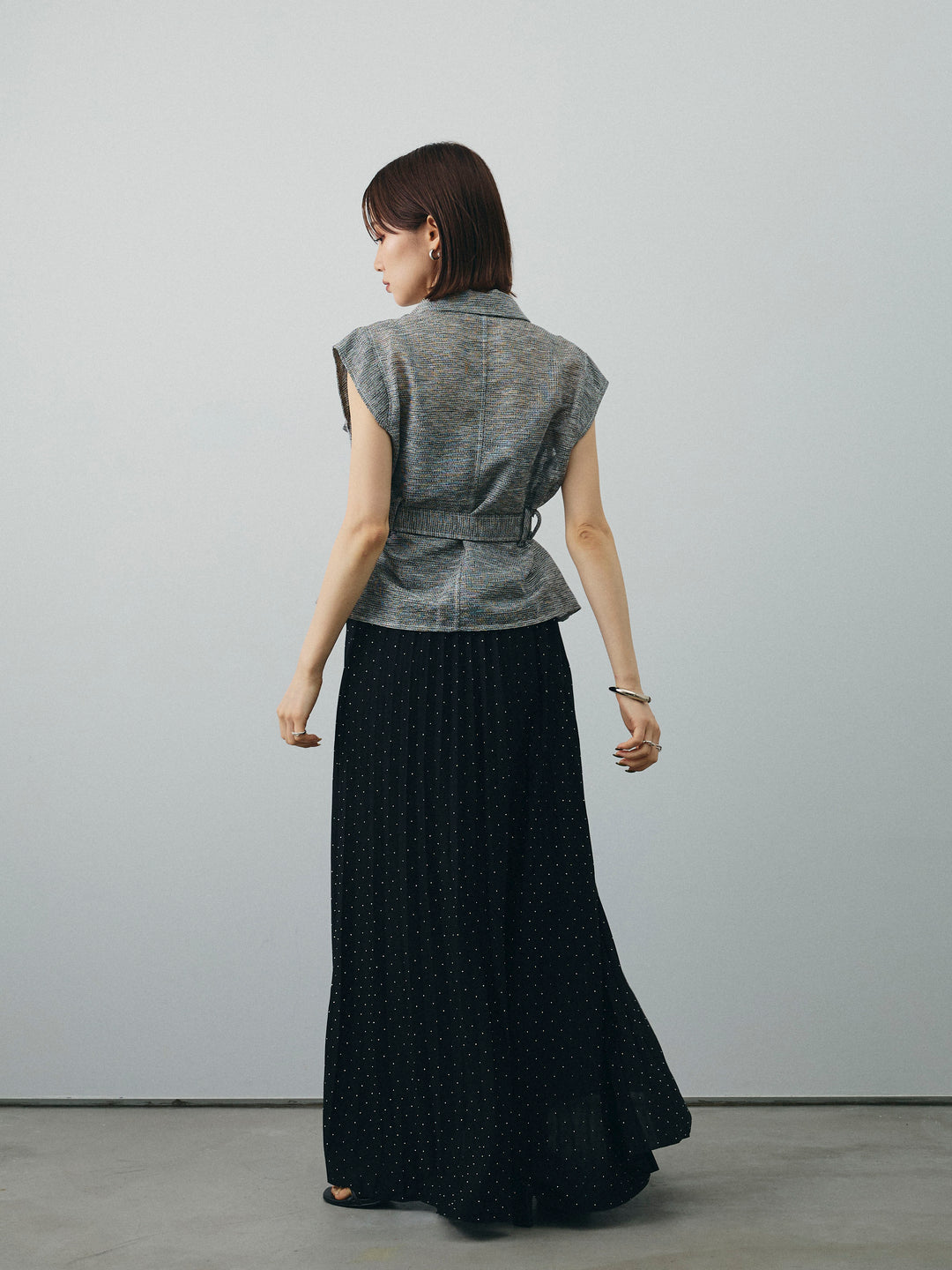 [SET]ミックスヤーンメッシュブラウス+ラインストーンプリーツスカート(2set)