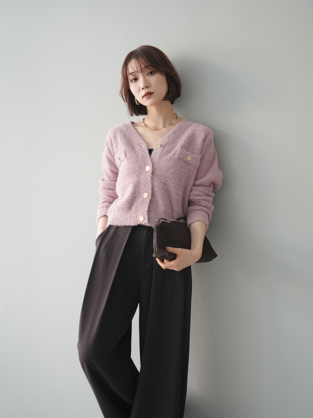 [SET]ゴールドボタンモールニットカーディガン+ベルトループデザインワイドパンツ(2set)