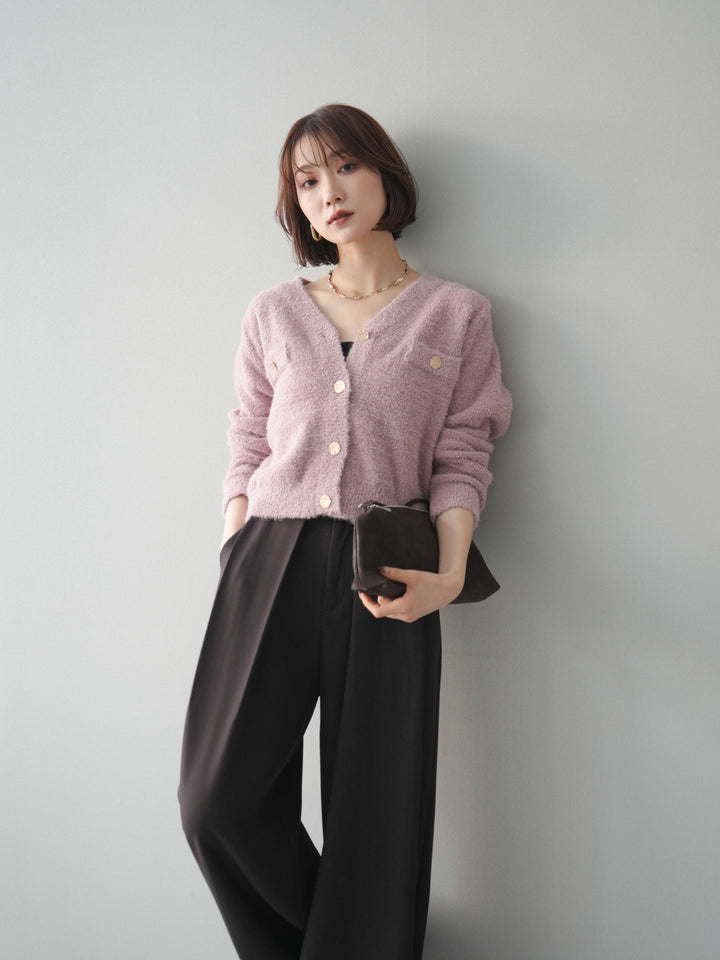 [SET]ゴールドボタンモールニットカーディガン+ベルトループデザインワイドパンツ(2set)