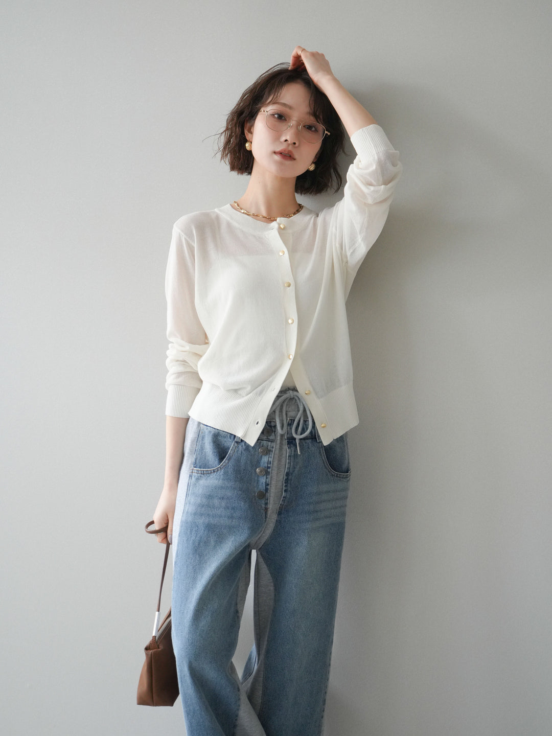 [予約]ゴールドボタンシアーニットカーディガン/offwhite