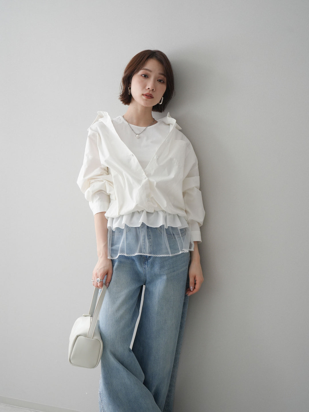 [予約]裾チュールノースリーブカットソー＆シャツドッキングトップス/white