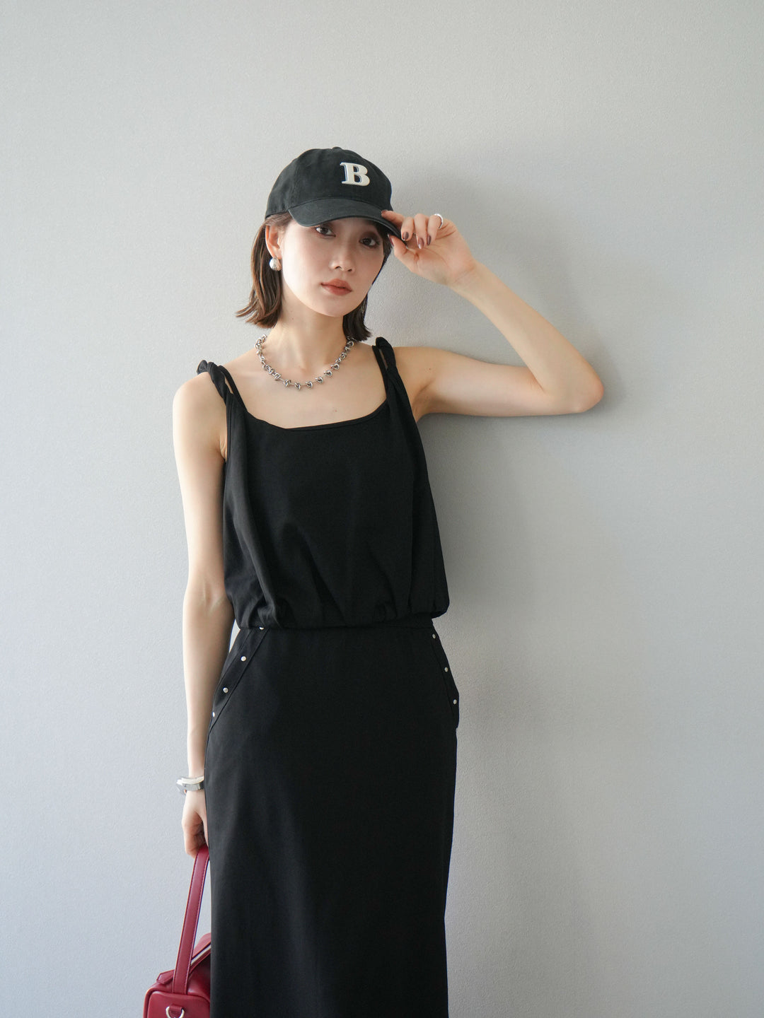 [SET]ミニ裏毛ツイストキャミバルーントップス＆Iラインスカート(2set)