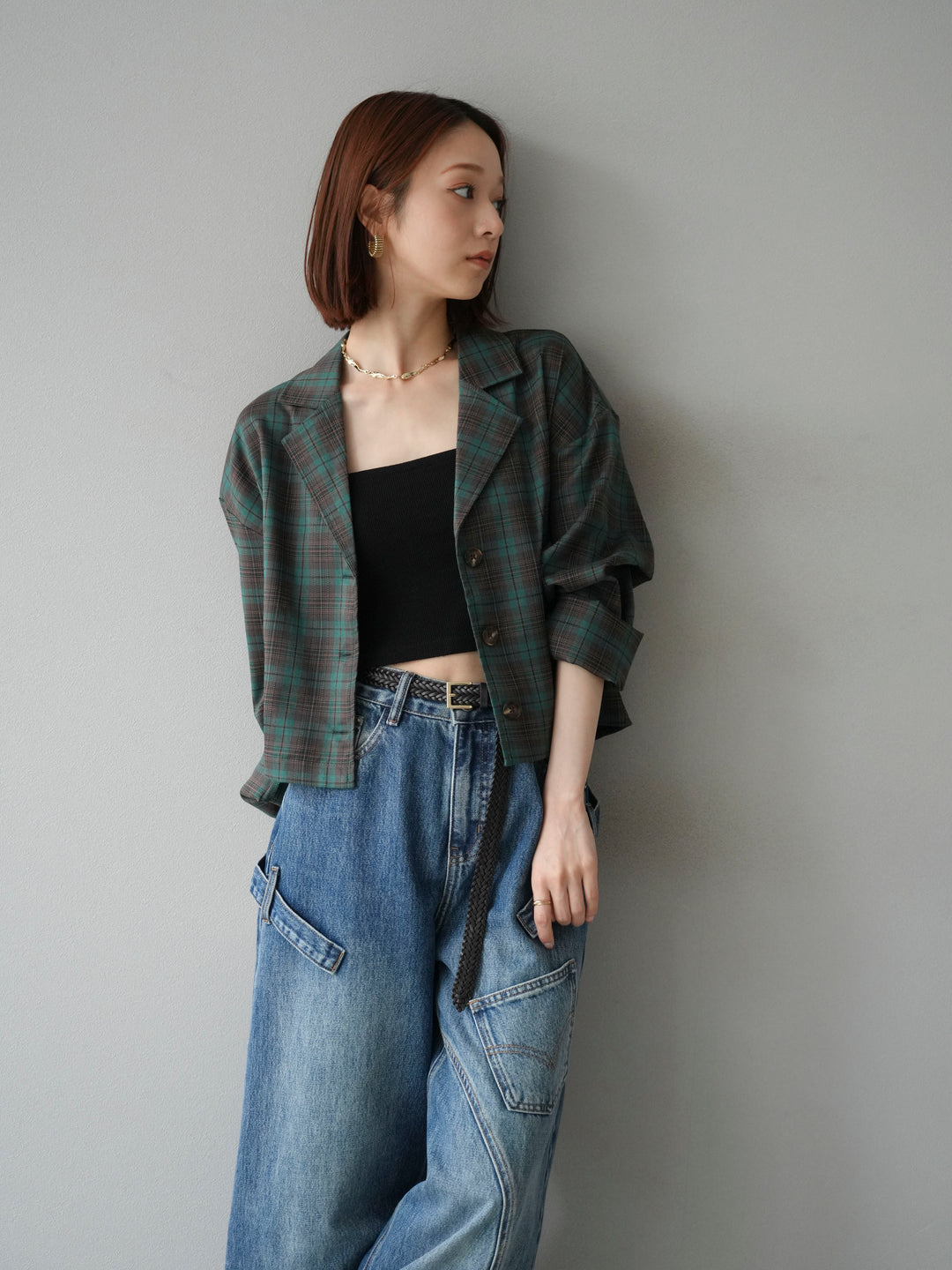 [予約]チェック柄ショートジャケット/ブラウン