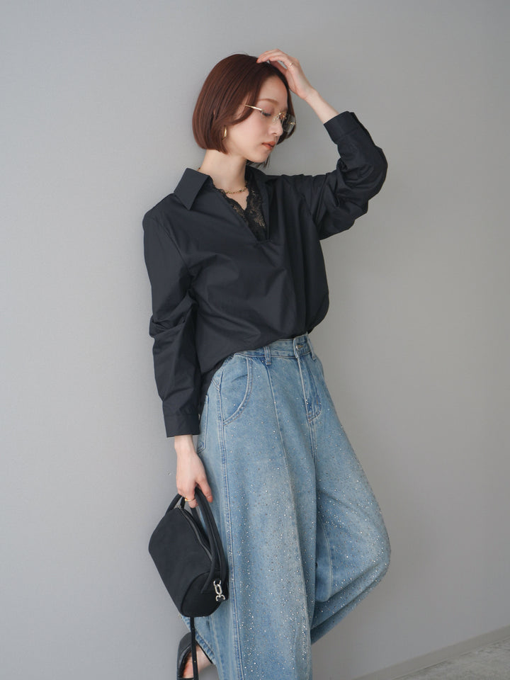 [SET]レースネックスキッパーブラウス+フロントビジューカーブデニムパンツ(2set)