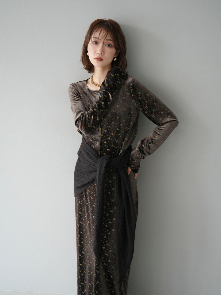 [SET]ベロアフラワープリントカーディガン+ベロアフラワープリントIラインスカート(2set)