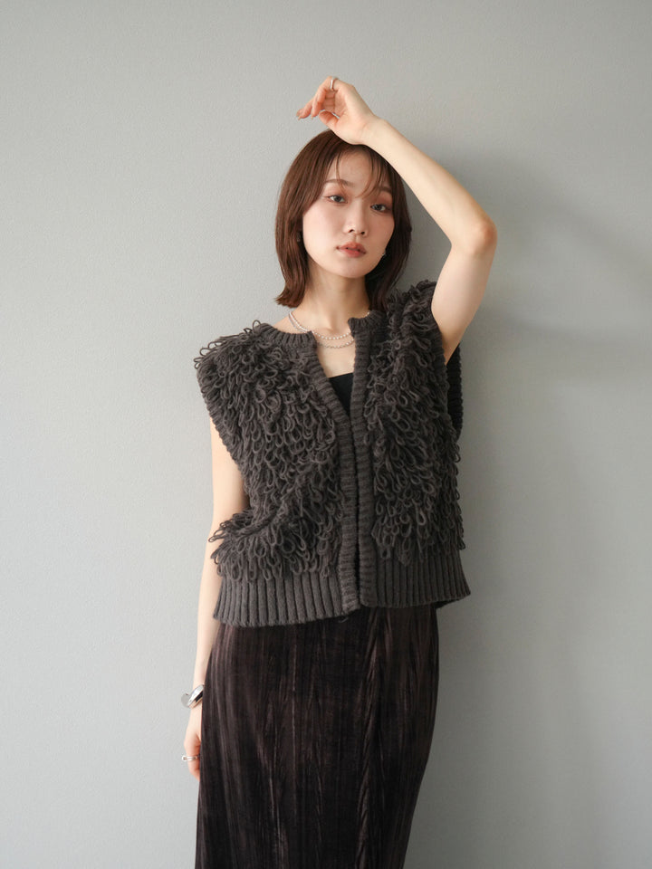 [SET]レザー襟オンブレチェックオーバーシャツ +ループデザインホックベスト +クラッシュベロアナロースカート(3set)