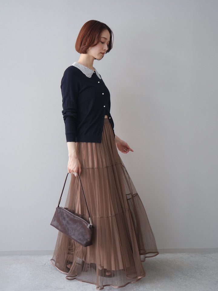 [予約]ラメプリーツレイヤードチュールロングスカート/mocha