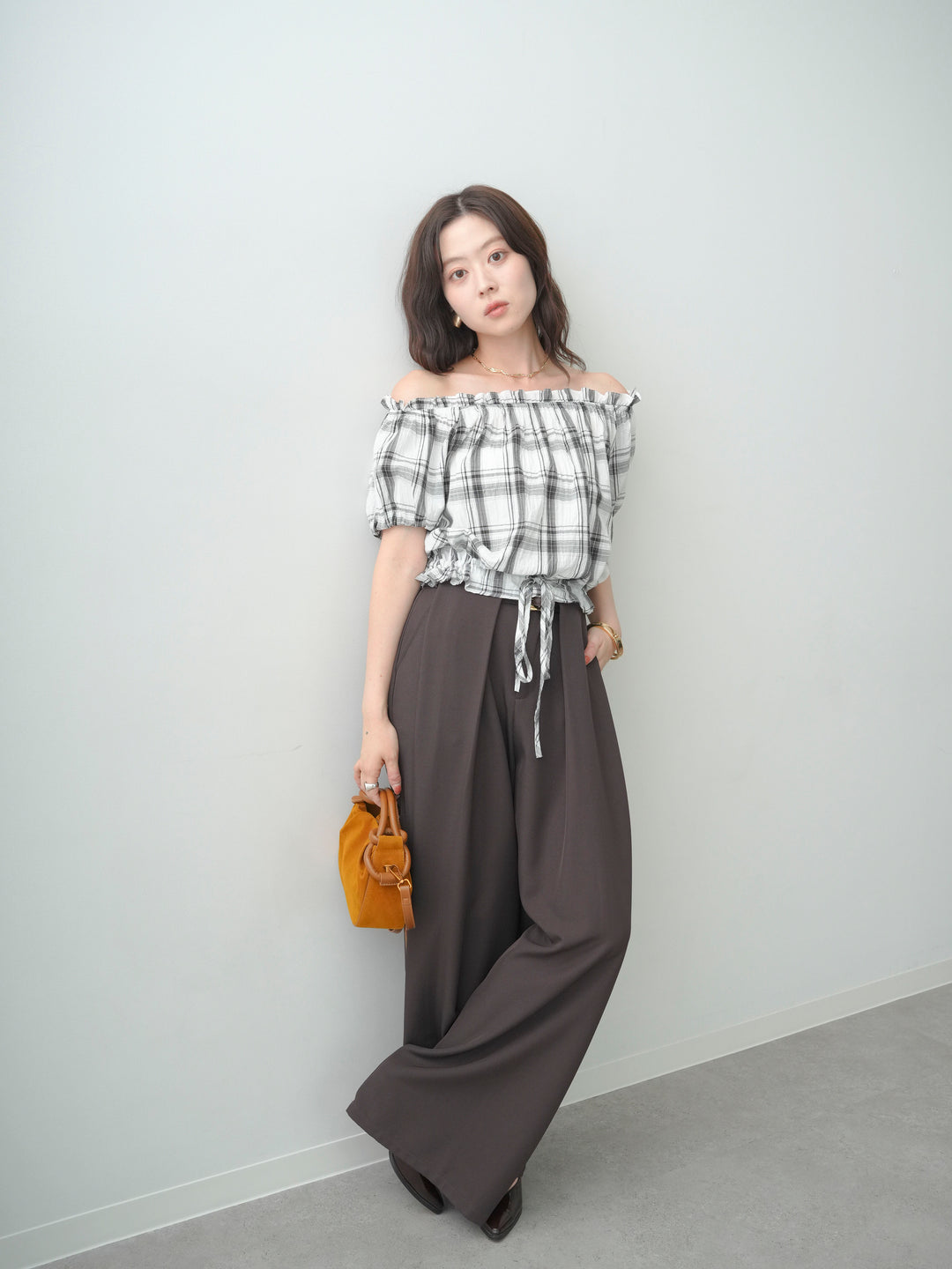 [SET]チェックギャザーオフショルトップス+ベルトループデザインワイドパンツ(2set)