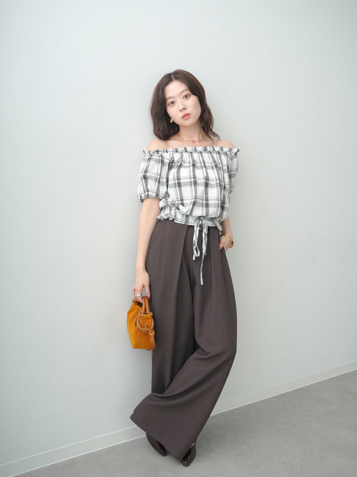 [SET]チェックギャザーオフショルトップス+ベルトループデザインワイドパンツ(2set)