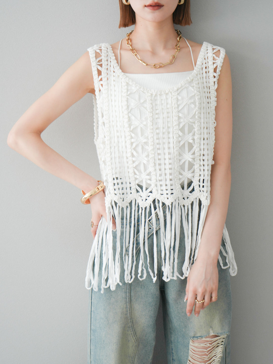 [予約]クロシェフリンジノースリーブトップス/アイボリー