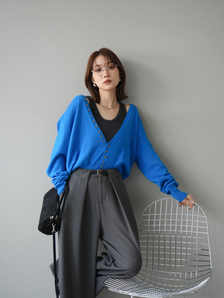 [SET]デザインボタンニットカーディガン＆タンクトップSET+ベルトループデザインワイドパンツ(2set)