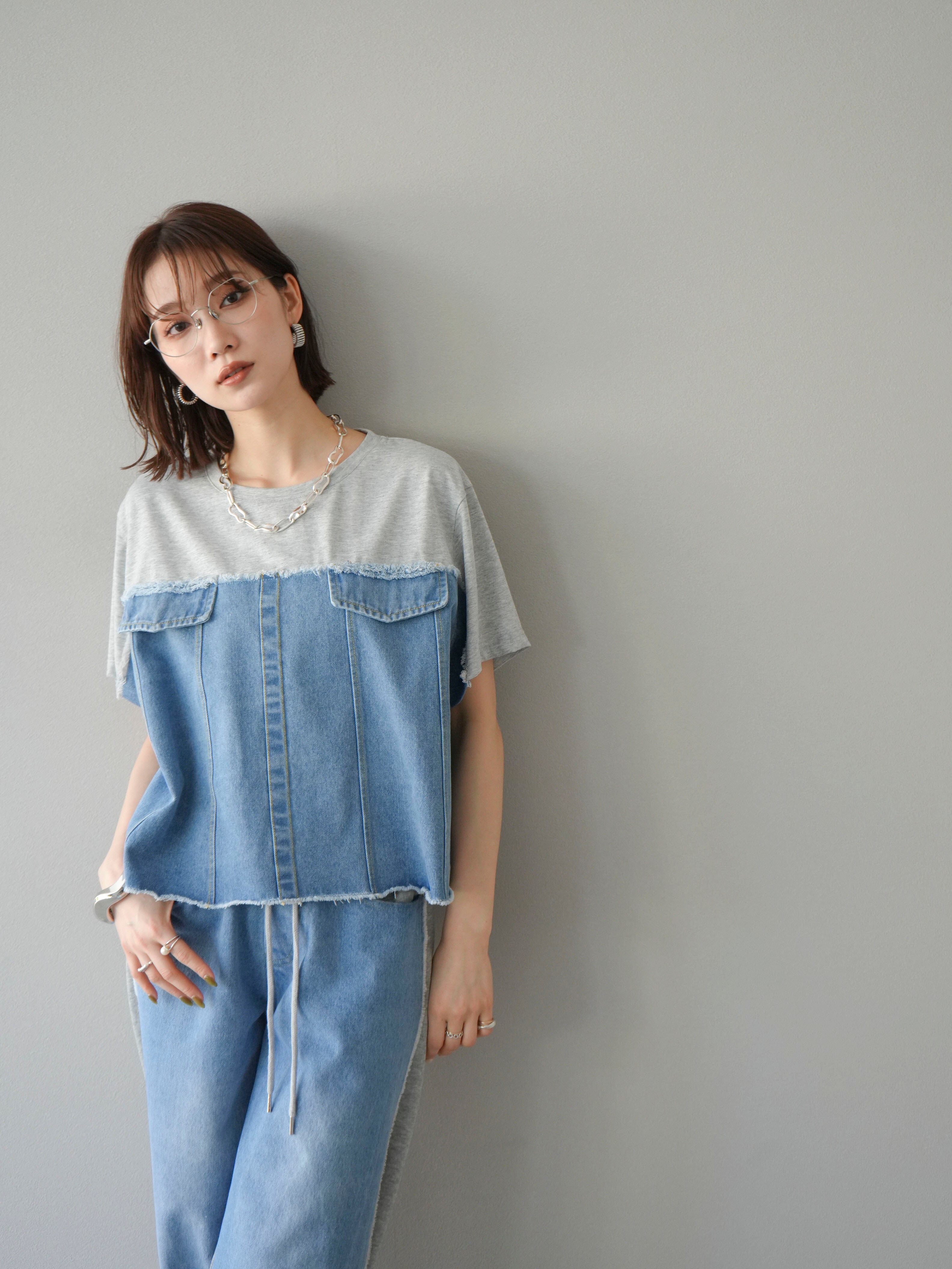 SET]デニムドッキングTシャツ+デニムドッキングスウェットパンツ(2set