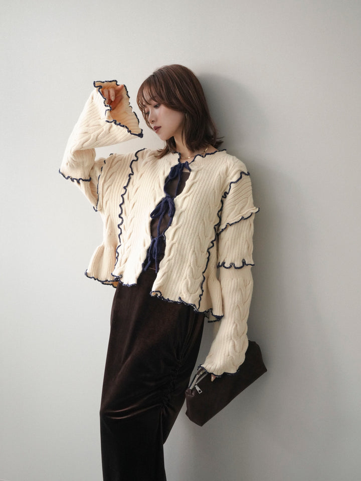 [予約]フロントリボン配色メローニットカーディガン/ivory