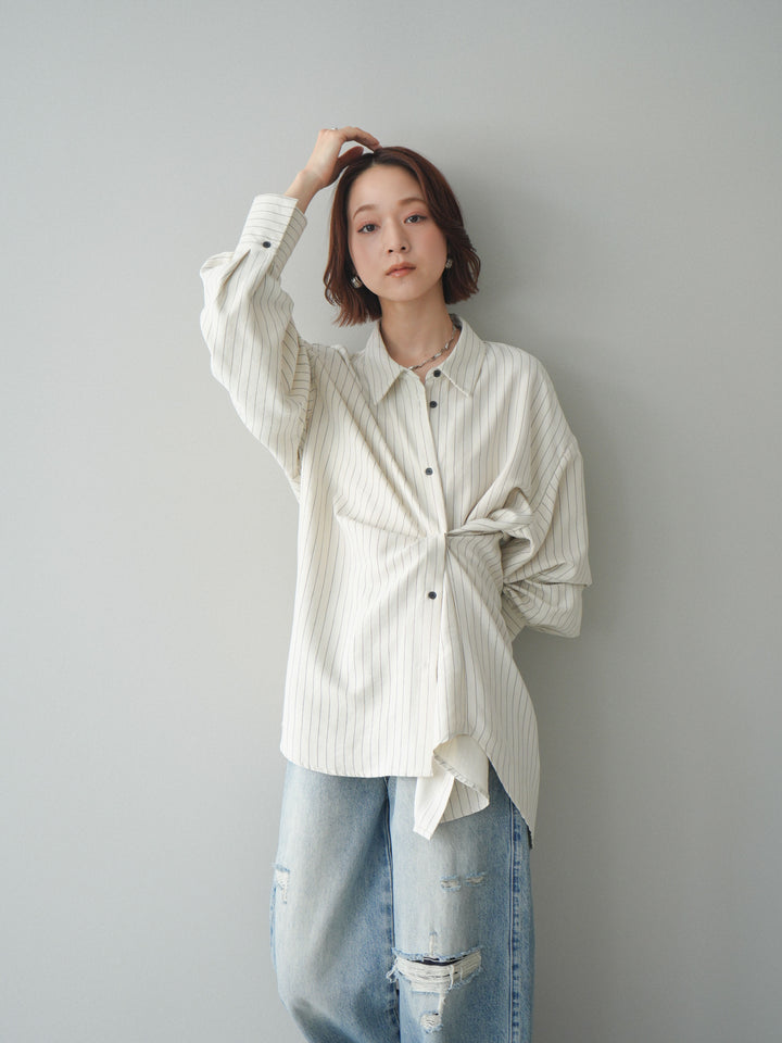 【套裝】雙向裹身條紋襯衫+破洞牛仔半闊腿褲（兩件套）