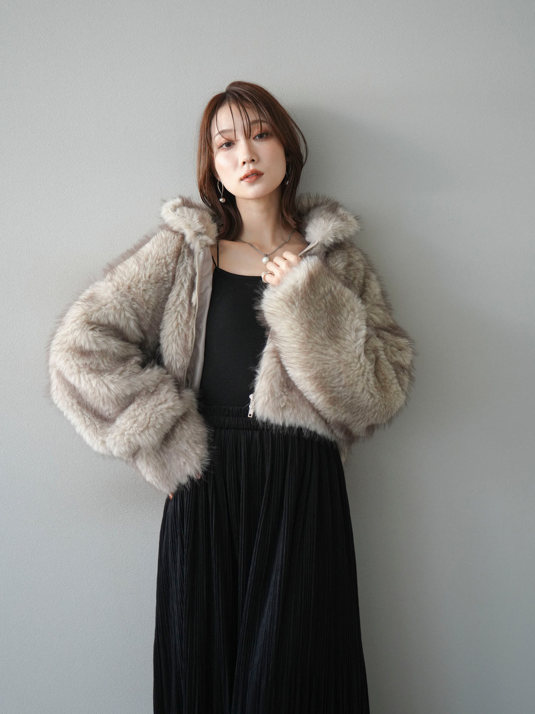 [予約]フェイクファーショートZIPジャケット/beigemix