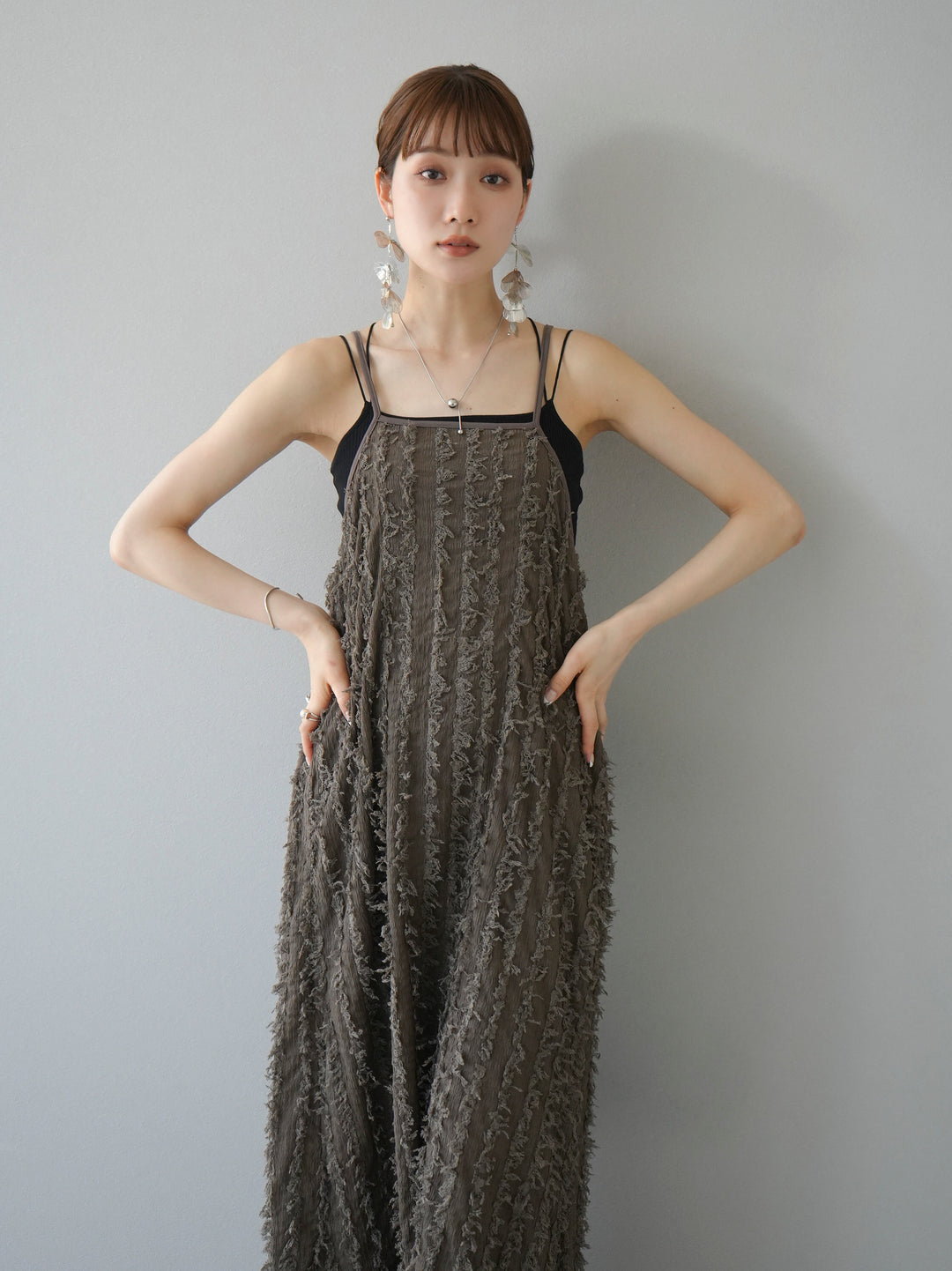 [Pre-order] Fringe Jacquard Stretch Cami Dress/Brown