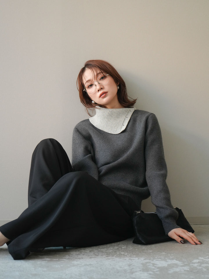[予約]デザインネックバイカラーニットプルオーバー/charcoal