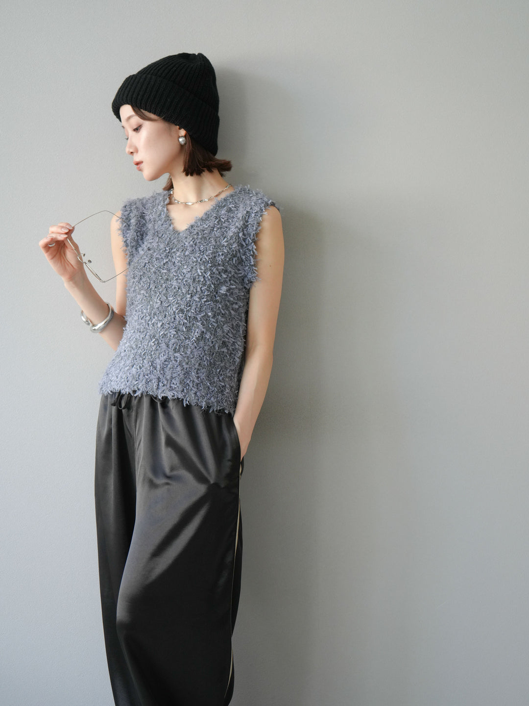 [予約]テープヤーンフリンジニットベスト/グレー