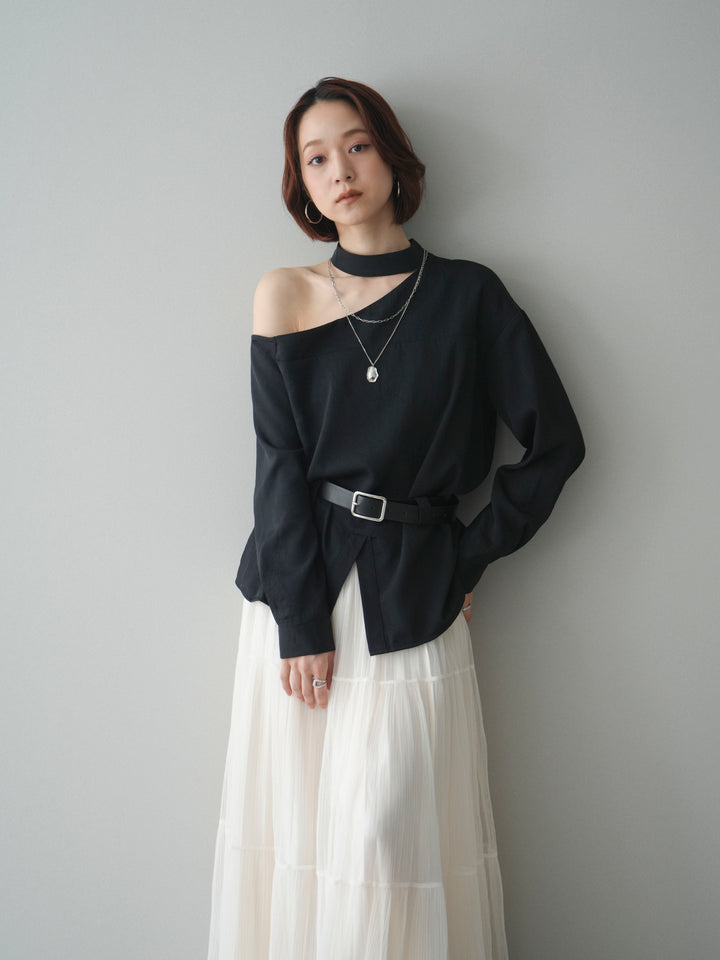 [SET]ベルト付ワンショルダースリットブラウス+ラメプリーツレイヤードチュールロングスカート(2set)