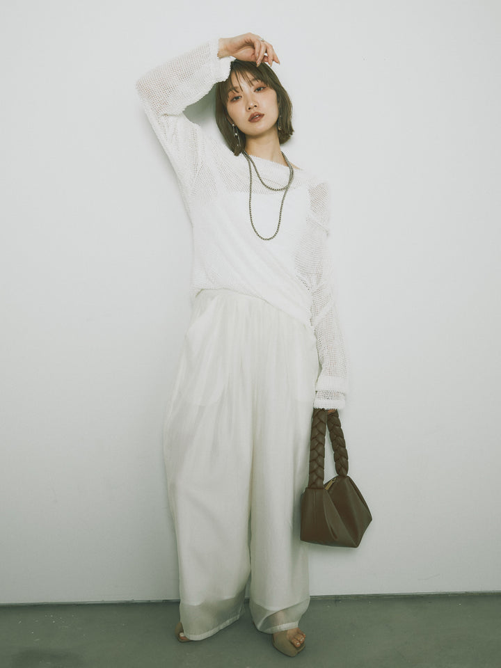 [SET] 後背垂墜網眼套頭衫 + 透明萊賽爾三折寬褲 (2 套)