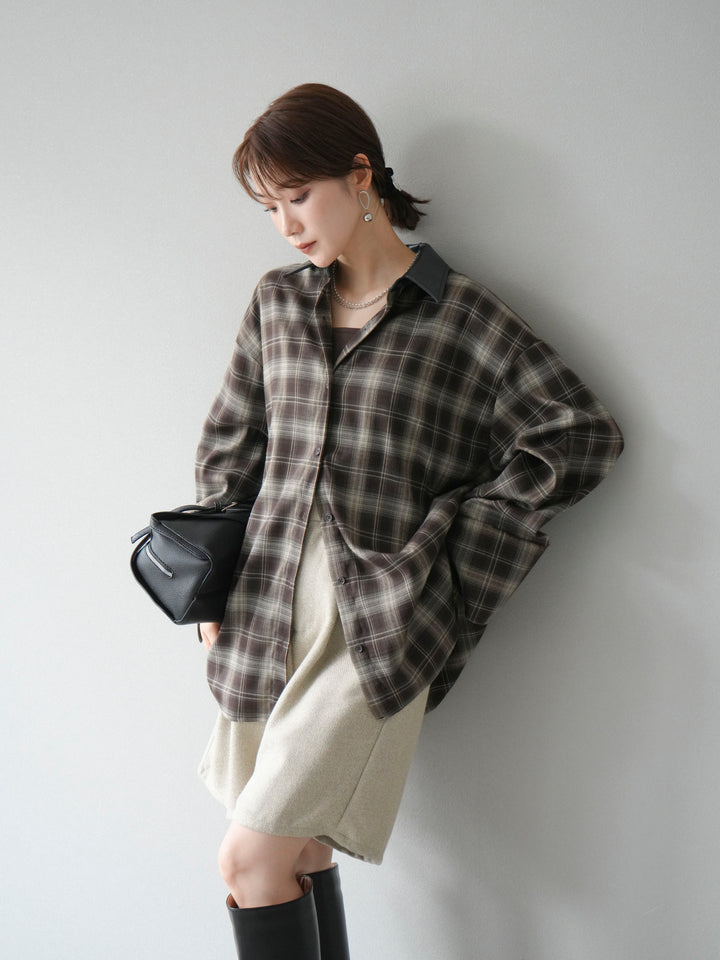 [SET]レザー襟オンブレチェックオーバーシャツ +ツイードハーフパンツ(2set)