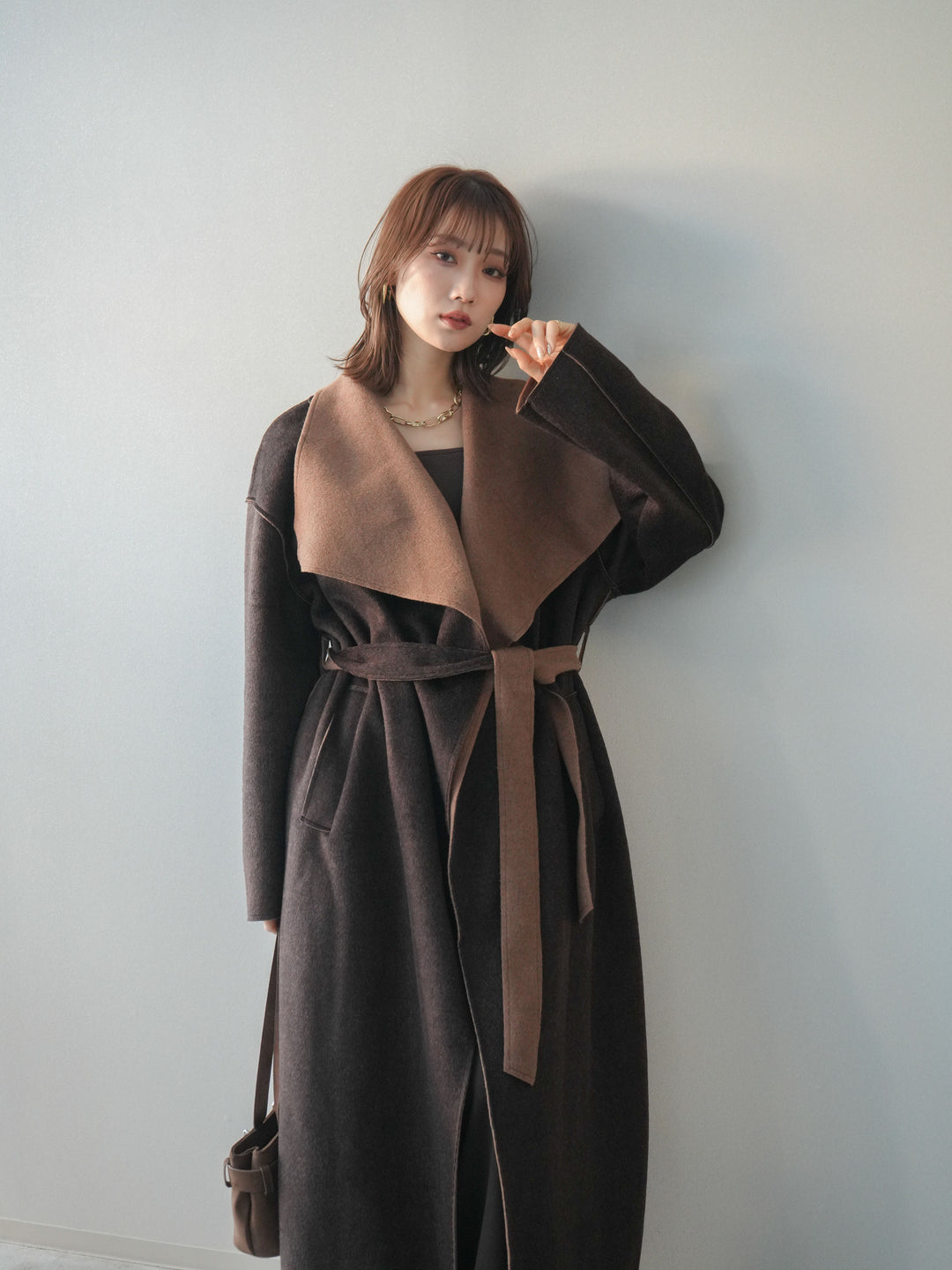 [予約]ダブルフェイスバイカラーロングコート/brown