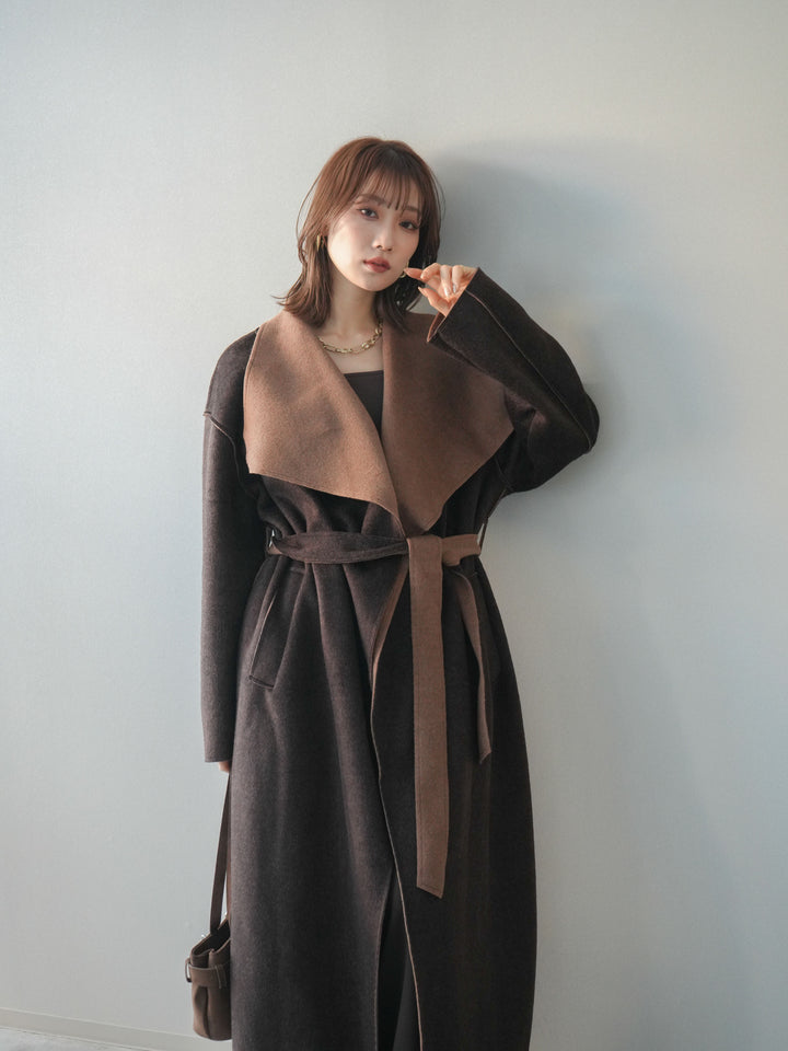 [予約]ダブルフェイスバイカラーロングコート/brown